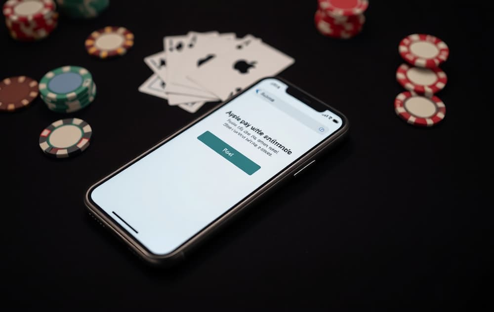 iPhone med Apple Pay-bekreftelse liggende på et kasinobord med spillekort og jetoner.