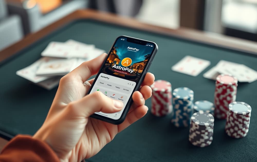 Person bruker AstroPay-appen på mobil for casinoinnskudd