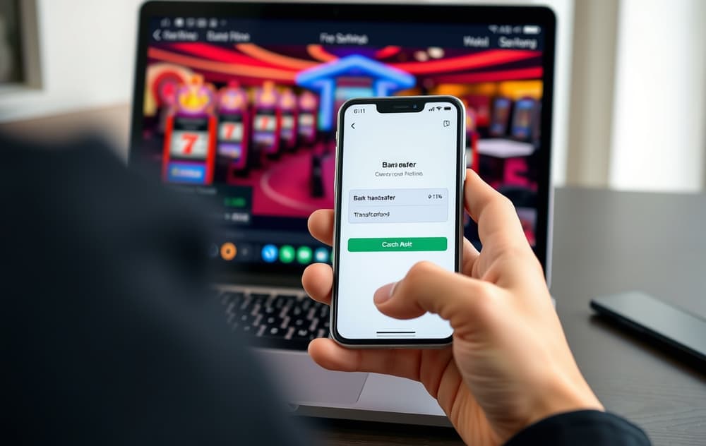 Person som bruker mobilbank for overføring til nettcasino, med laptop i bakgrunnen