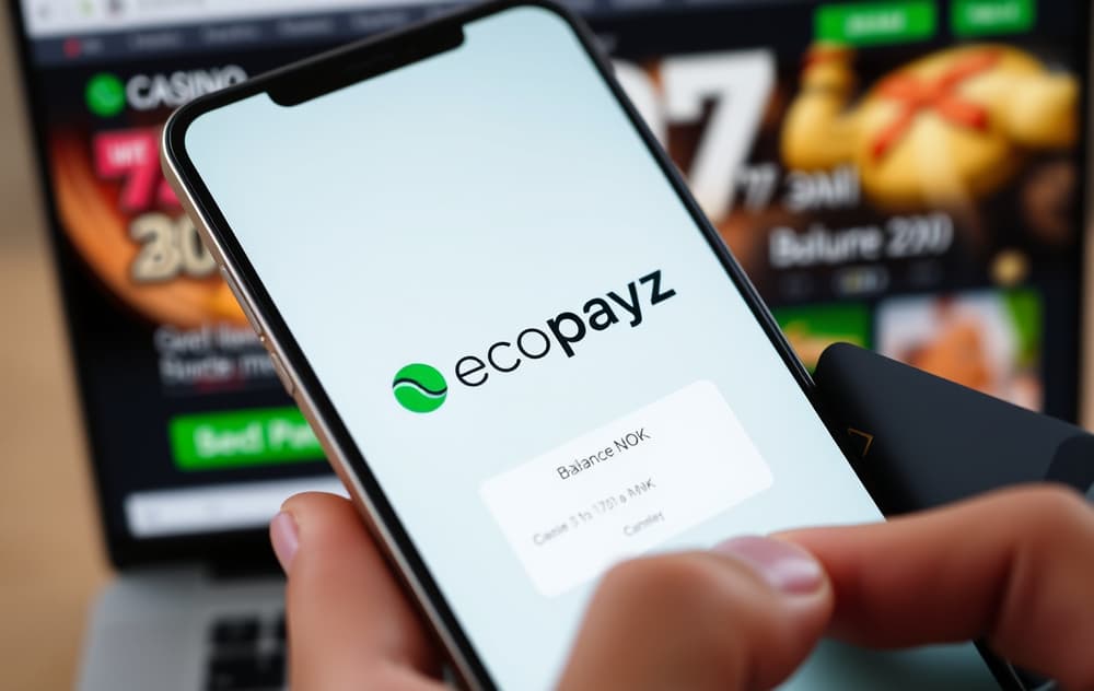 Smarttelefon med Ecopayz-logo og saldo i norske kroner, med casino i bakgrunnen