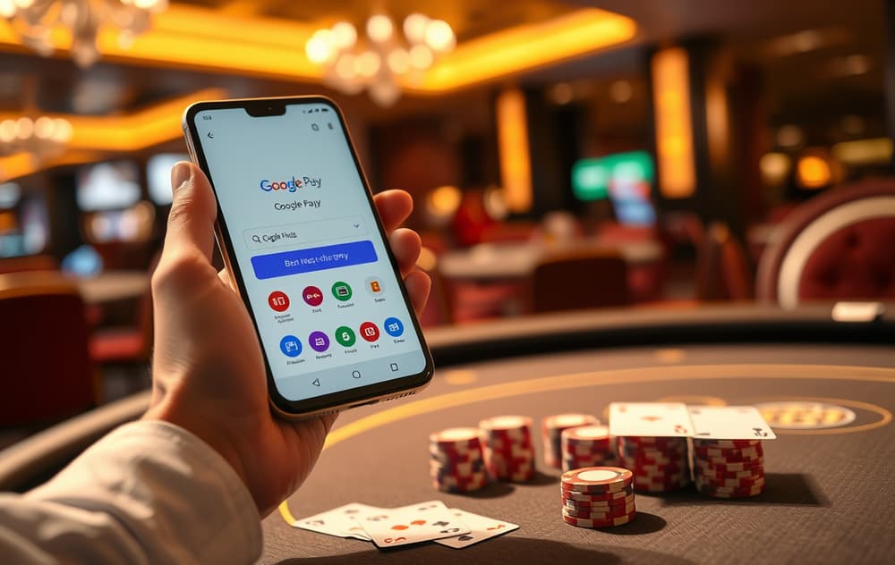 Person med mobil som viser Google Pay for casinoinnskudd, med sjetonger og kort på bordet