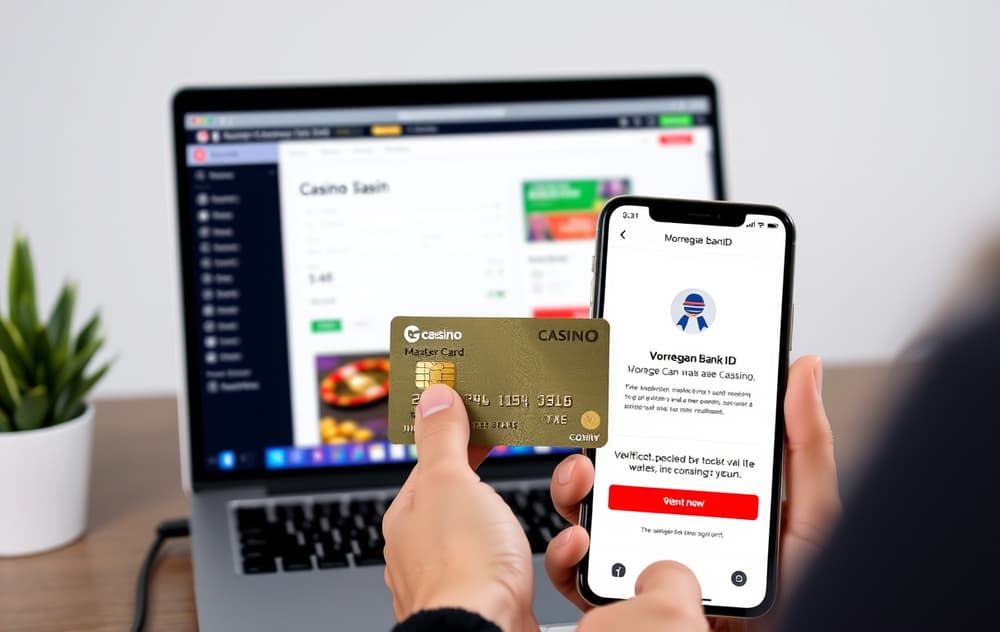 Person som holder et Mastercard-debetkort foran en laptop med casinoets kasse åpen, og en mobil med BankID-verifisering ved siden av.