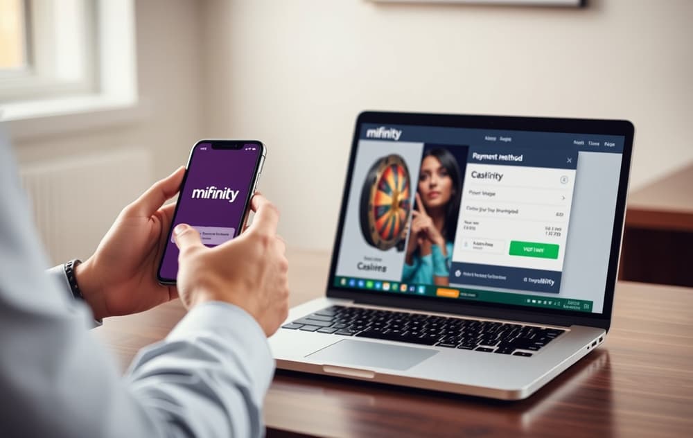 Smarttelefon med MiFinity-appen og casino-innskuddsskjerm i bakgrunnen, kredittkort og Bitcoin-symbol på bordet.