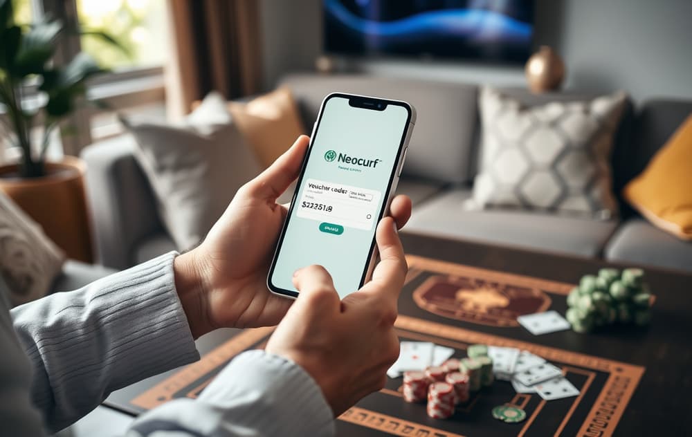 Person med mobiltelefon som viser Neosurf-kupongkode, med casino-utstyr på bordet.