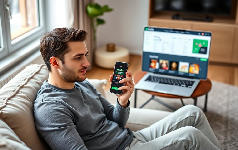 Person som bruker Neteller-appen på en mobiltelefon foran en bærbar PC med et nettcasino, i en moderne norsk stue.