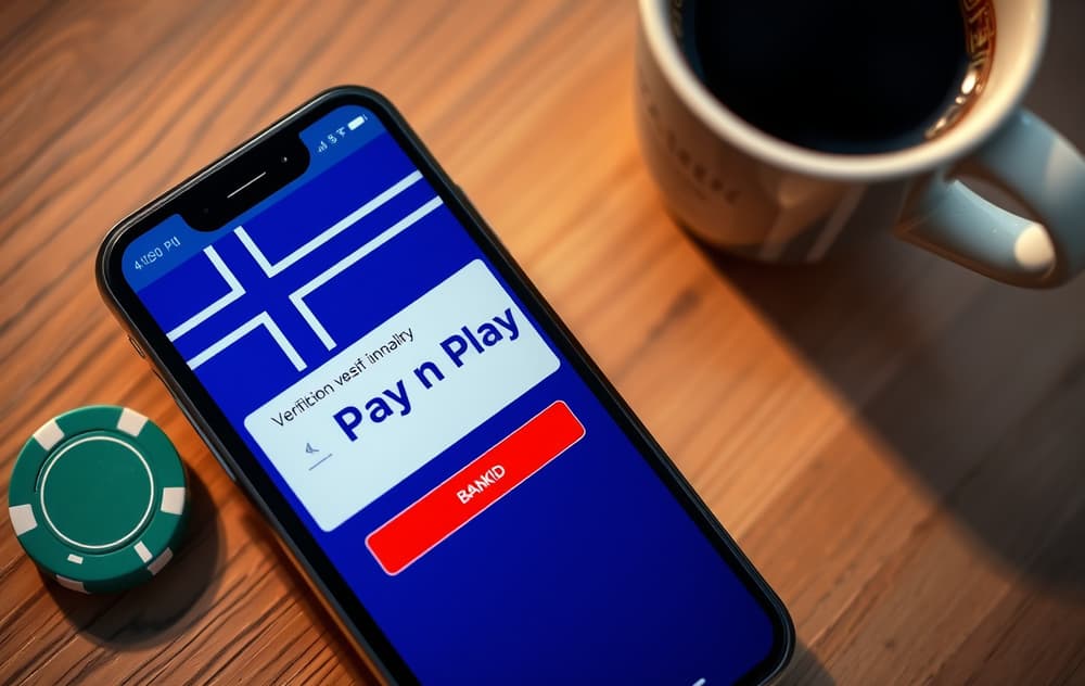 Smarttelefon med BankID-verifisering for Pay n Play casino, med norsk flagg og kasinochip.
