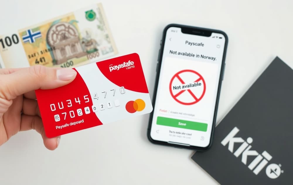 En hånd som holder et rødt Paysafecard-kort ved siden av en mobiltelefon med casino-innskuddsskjerm og et rødt stempel 'Ikke tilgjengelig i Norge'.