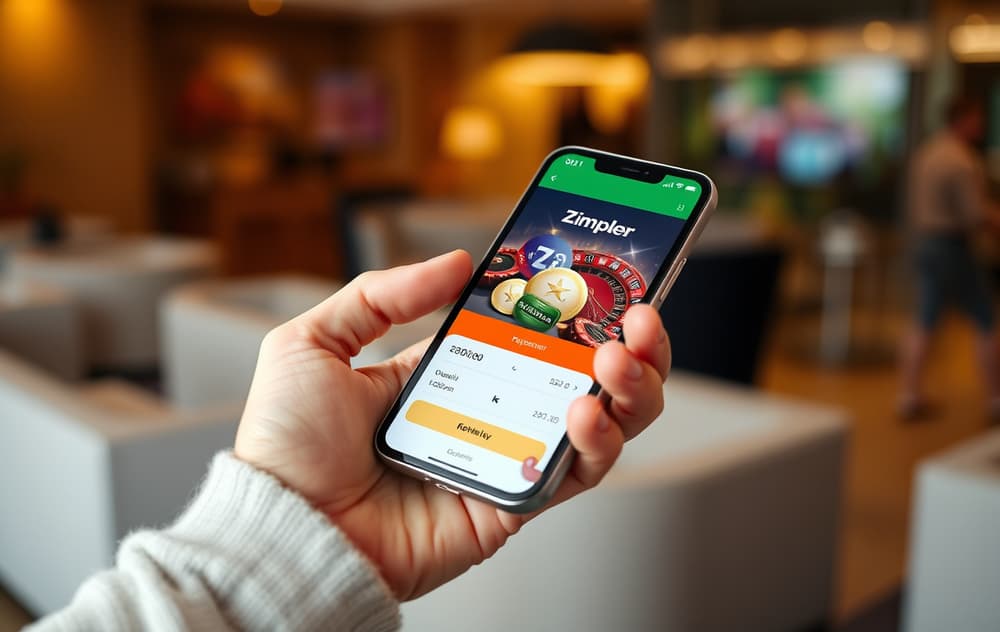 En person som holder en mobiltelefon med et casino-innskuddsskjermbilde, Zimpler-logo synlig, norske kroner, moderne skandinavisk setting.