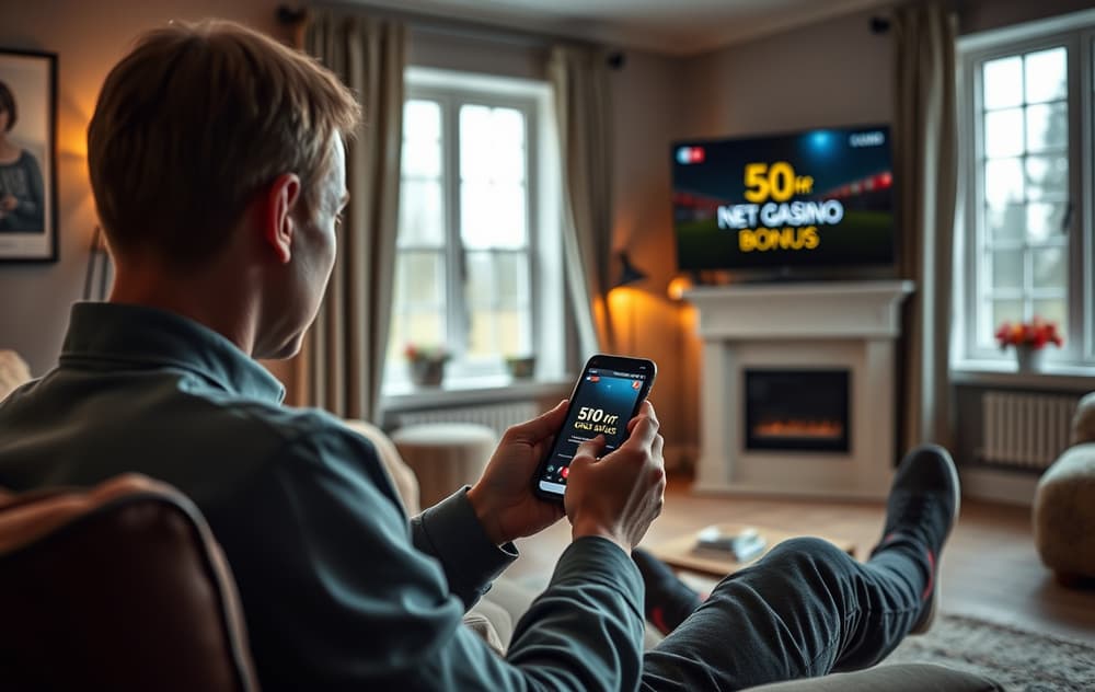 Person som sitter i sofa og ser på mobil med casino bonus uten innskudd på skjermen