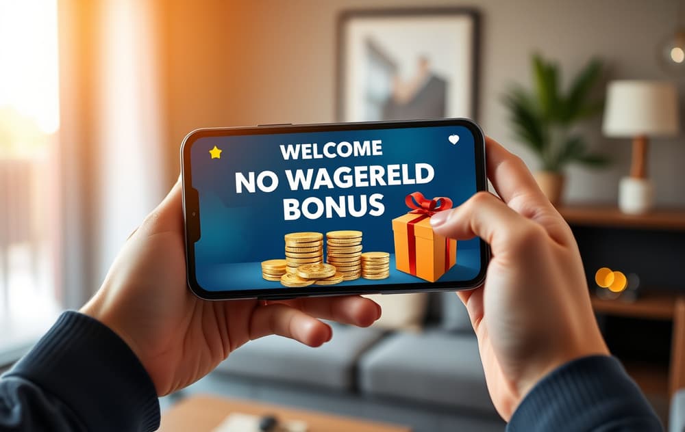 Person som ser på en casinobonus uten omsetningskrav på mobiltelefonen, med mynter og gaveboks.