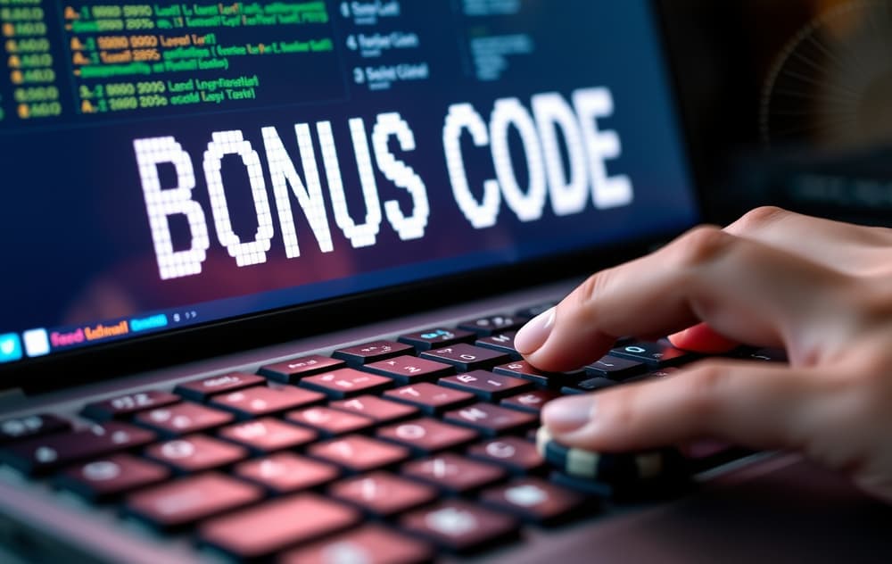 Nærbildet av tastatur med bonuskodefelt og casino-chip.