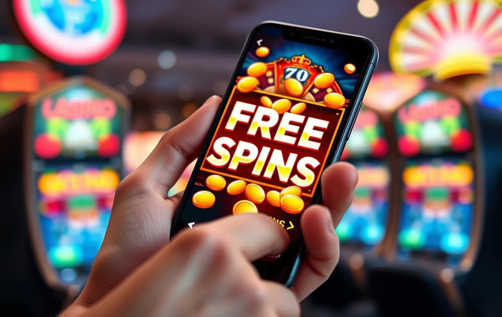Smarttelefon som viser en spilleautomat med freespins-ikon og gullmynter