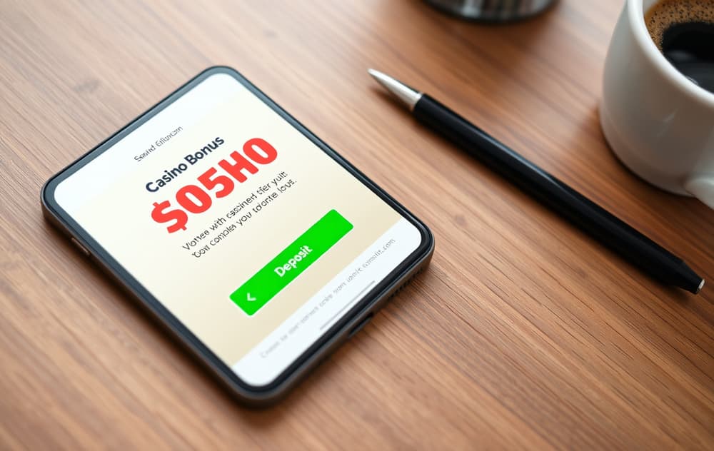 Smarttelefon med innskuddsbonus-tilbud på skjermen, kaffekopp og penn på bordet