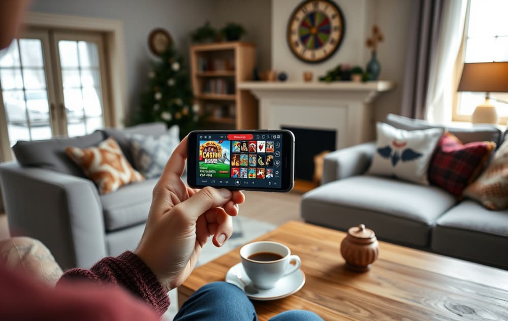 Person med mobil som viser et nettcasino i en norsk stue.