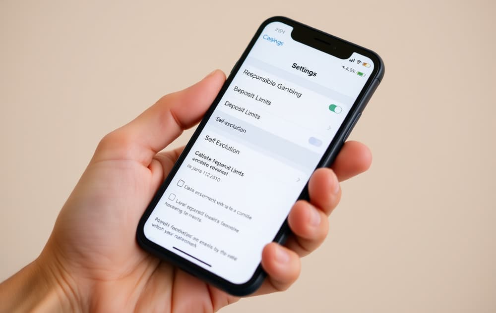 Mobilskjerm med innstillinger for ansvarlig spilling på et nettcasino, inkludert innskuddsgrenser og selvekskludering