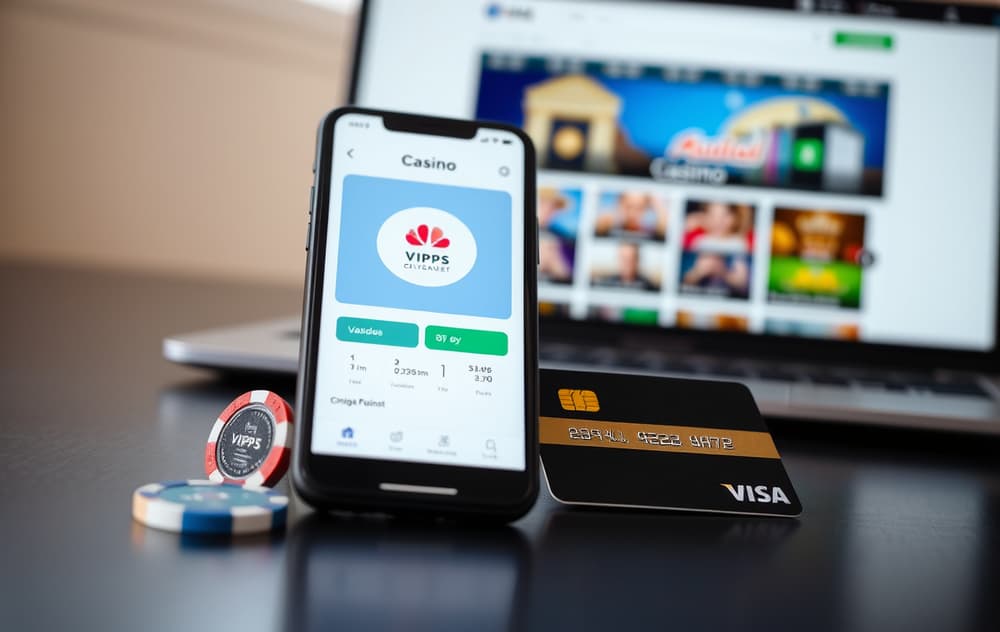Smarttelefon med betalingsapp ved siden av kasinochip og kredittkort.