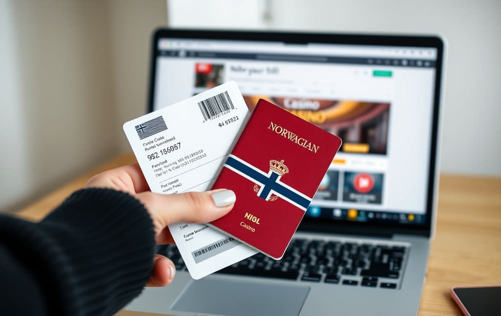 Person som holder norsk pass og strømregning foran en bærbar PC med casino-verifiseringsskjerm