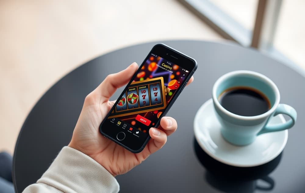 Person som spiller på mobilcasino med kopp kaffe på bordet