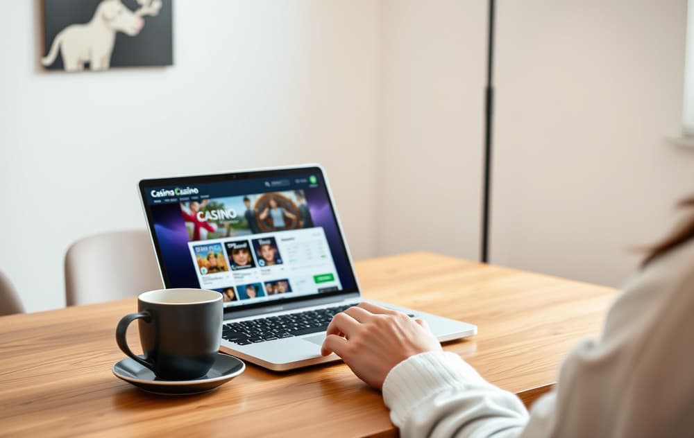 Person som sammenligner nettcasino på laptop med smarttelefon og kaffekopp på et moderne norsk kontor.