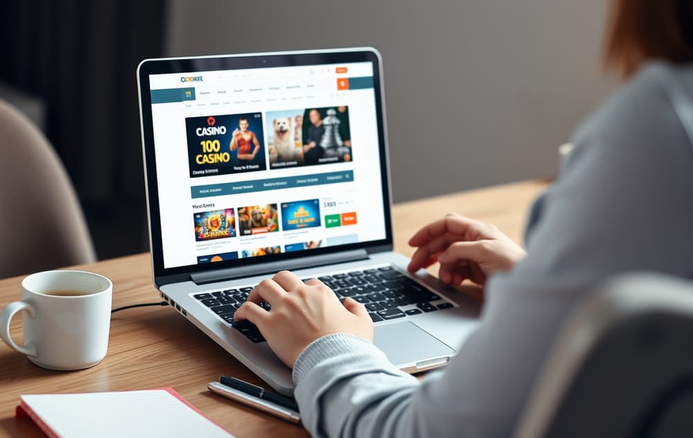 Person som sammenligner nettcasinoer på laptop ved et skrivebord