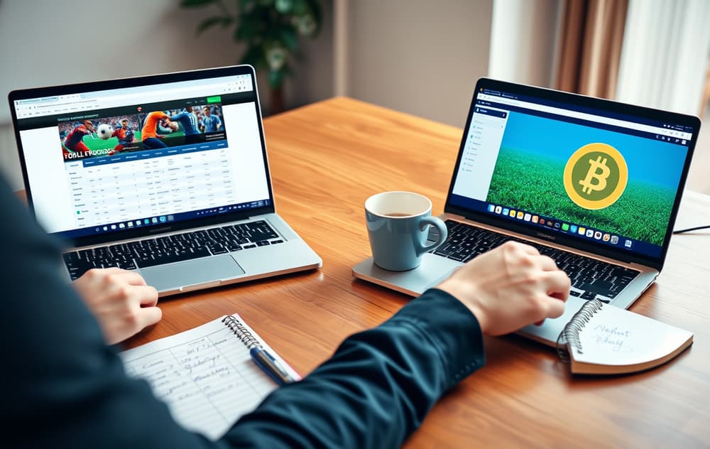 En person sammenligner odds på to bærbare datamaskiner med kryptovaluta-transaksjon synlig
