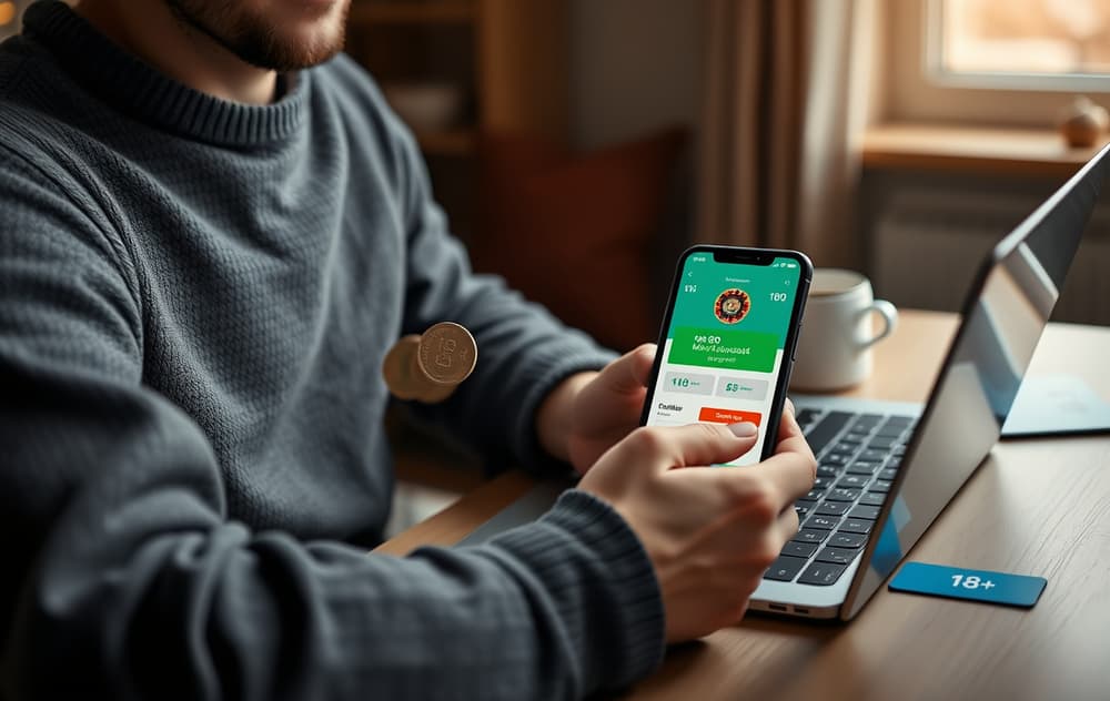 Person med 10 kroner mynt og mobiltelefon med casino-app med lavt innskudd.