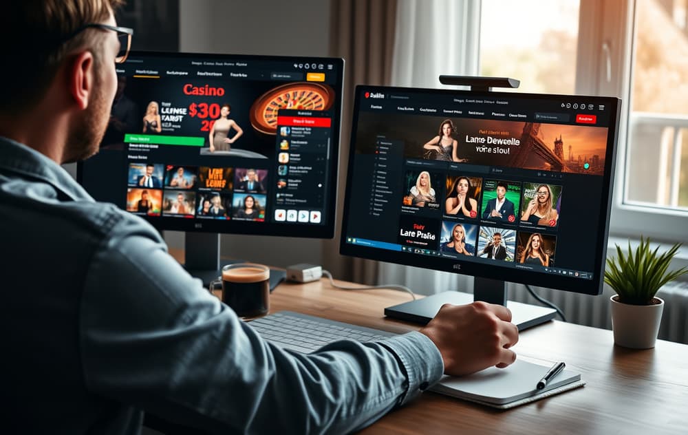 En person som sammenligner casinoer på to skjermer med lisensinformasjon synlig.