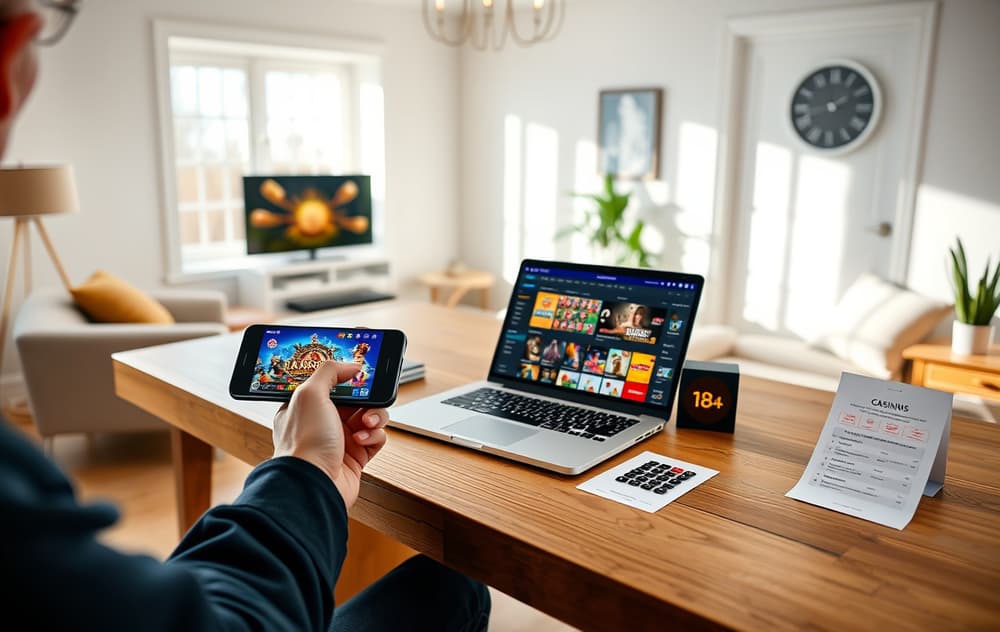 Person som sammenligner casinoer på mobil og PC, med 18+ skilt og ansvarlig spilling brosjyre synlig.