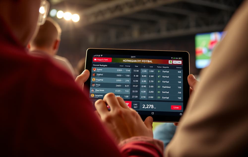 Norsk fotballfan med nettbrett som viser odds og betting-markeder for fotballkamp