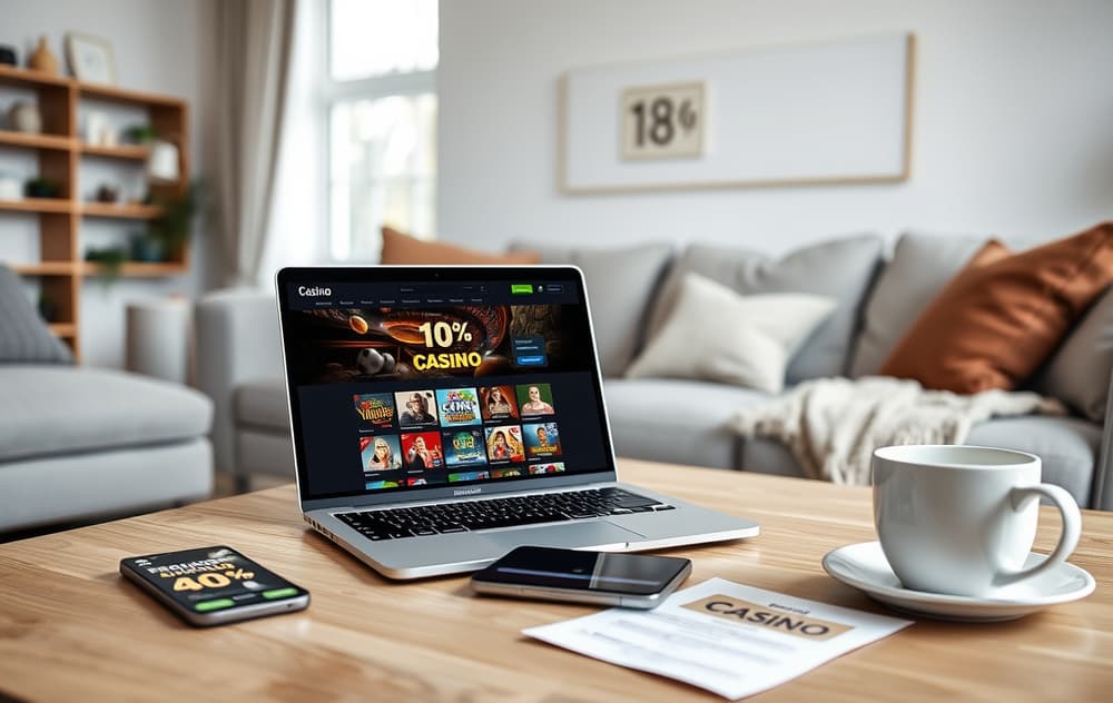 Norsk stue med laptop og mobil som viser gratis casino-bonus, med 18+-skilt og brosjyre om ansvarlig spilling.