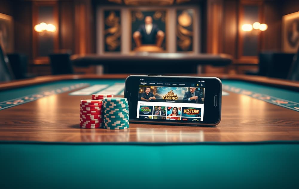 Luksuriøst casinooppsett med pokersjetonger og mobiltelefon som viser Highroller Casino-nettsiden.