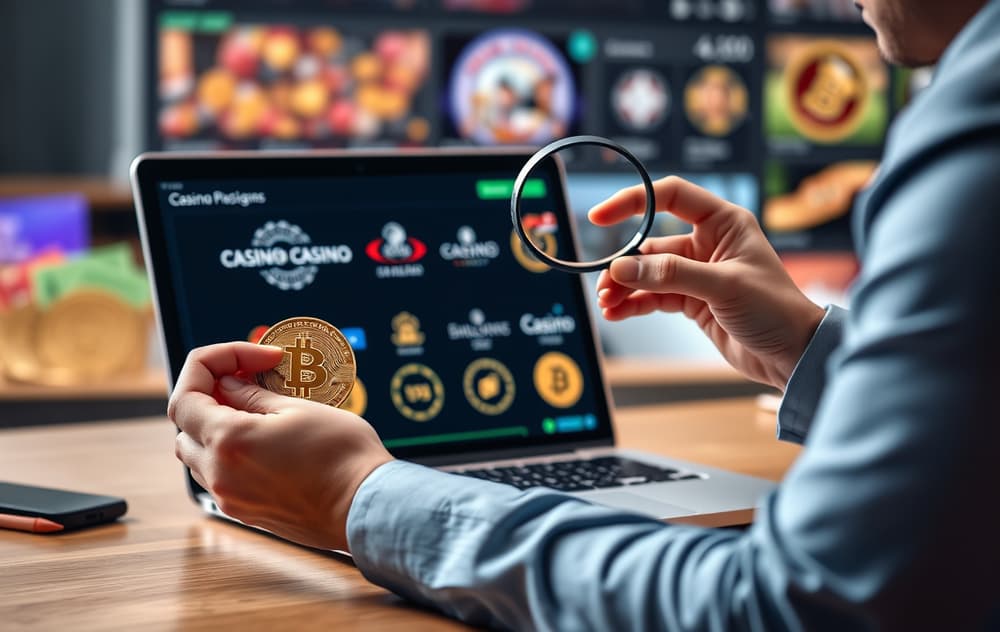 En person undersøker et kryptocasino med lupe og Bitcoin-mynt – illustrerer grundig sjekk av lisens og vilkår.