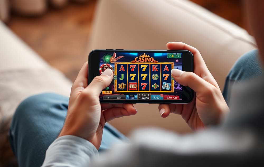 Person som holder en mobiltelefon med et casinospill på skjermen.