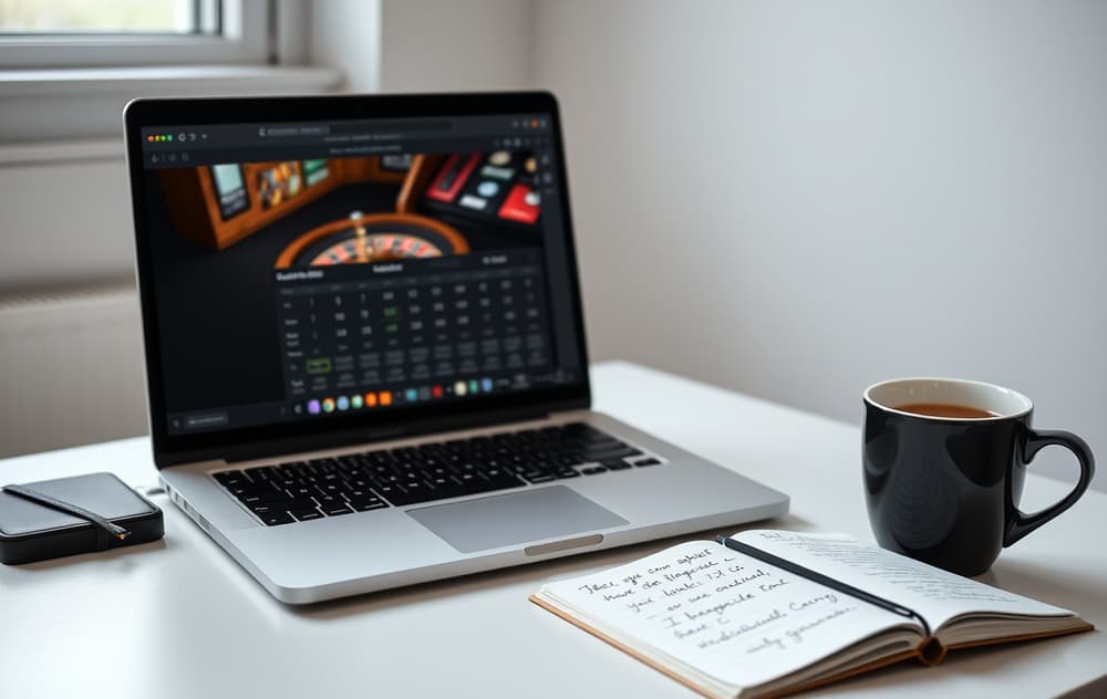 Sammenligning av norske casinoer på en bærbar PC med notater og kaffekopp