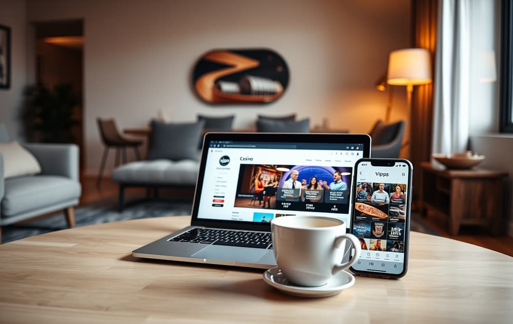 Norsk stue med bærbar PC som viser et casino, en kopp kaffe og en mobiltelefon med Vipps-appen.