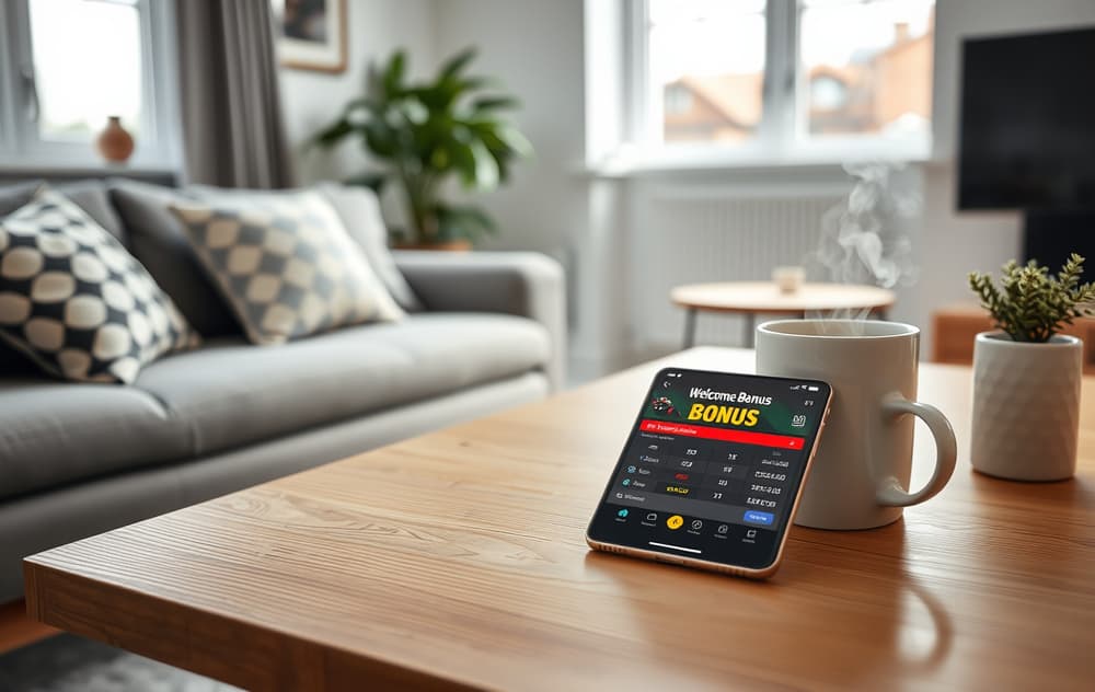 Smarttelefon med bettingside og oddsbonus-tilbud på et bord