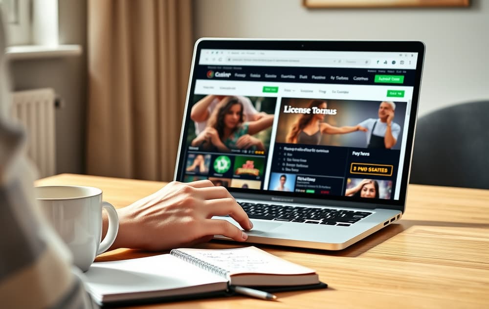 En person sammenligner casinoer på en bærbar PC med notater og kaffekopp på bordet.