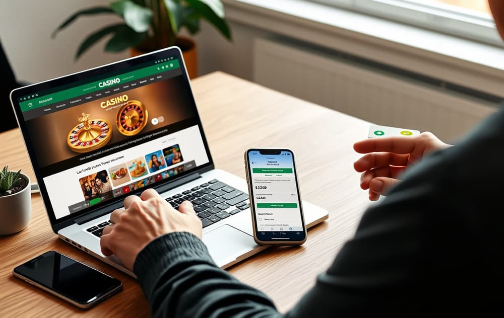 Person som sammenligner to casino-nettsider på en laptop.