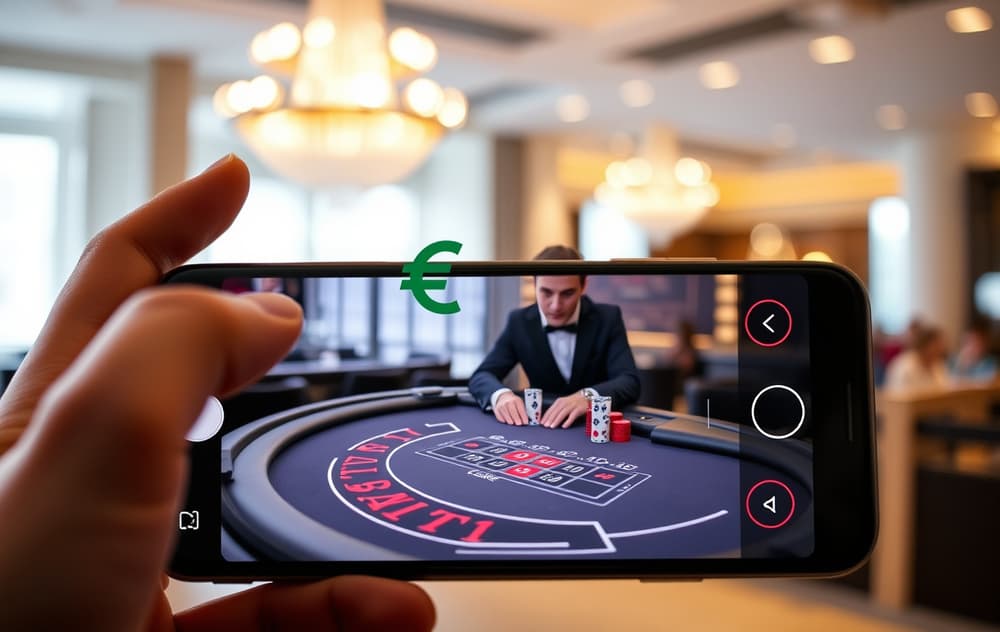Mobilskjerm med live baccarat-spill og norsk grensesnitt, med ansvarlig spilling-ikon.