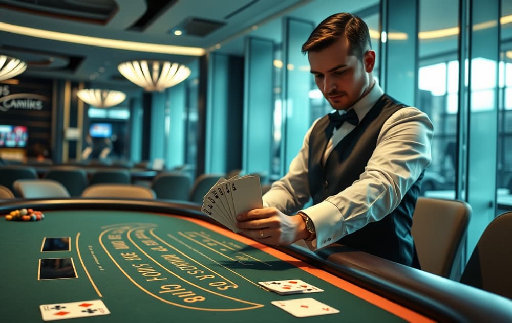 Blackjack-bord med dealer som deler ut kort, sjetonger og spillerhånd med ess og konge.