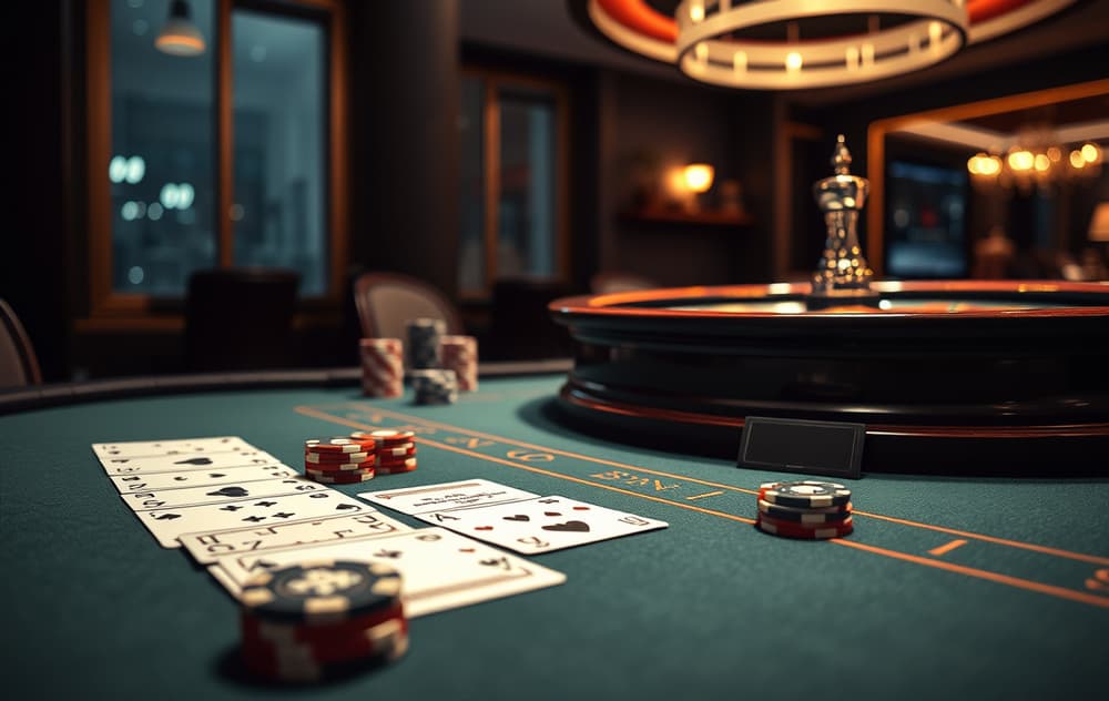 Bordspill casino med blackjack-kort, roulettehjul og sjetonger