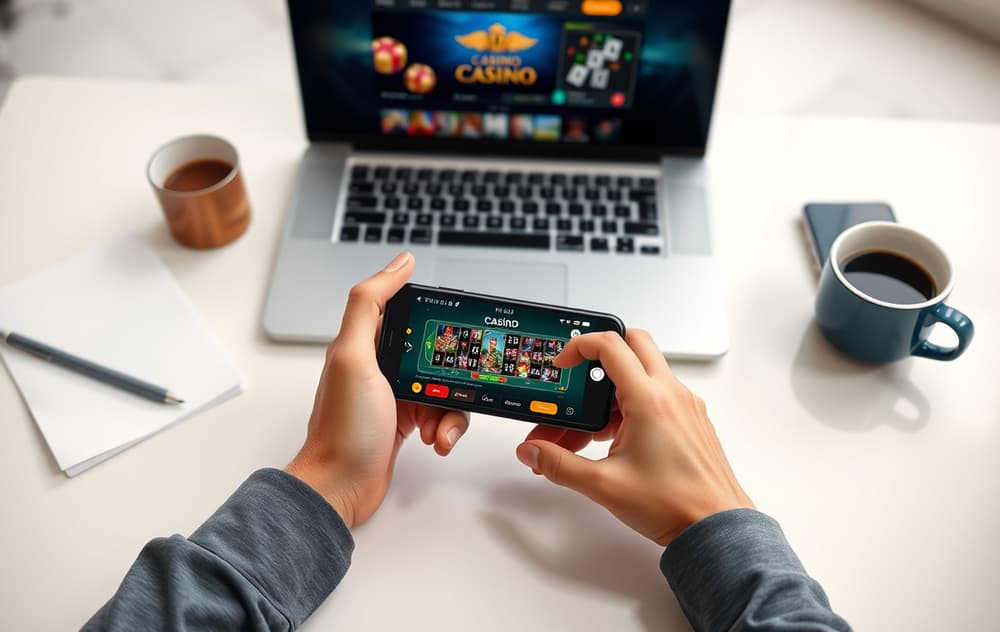 En person spiller casinospill på mobiltelefonen ved et skrivebord med laptop