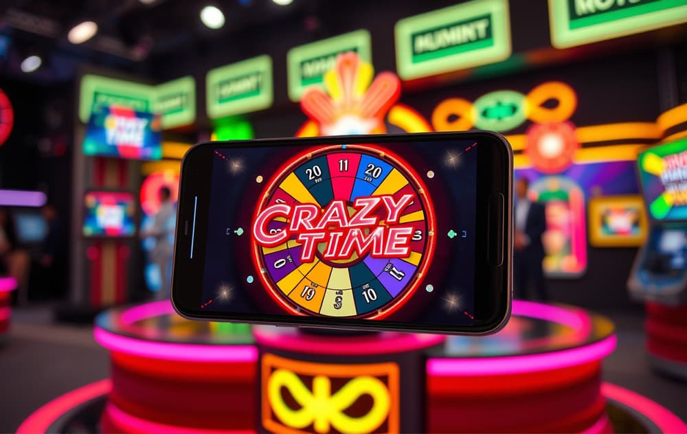 Mobiltelefon som viser Crazy Time-hjulet med lys og live-vert
