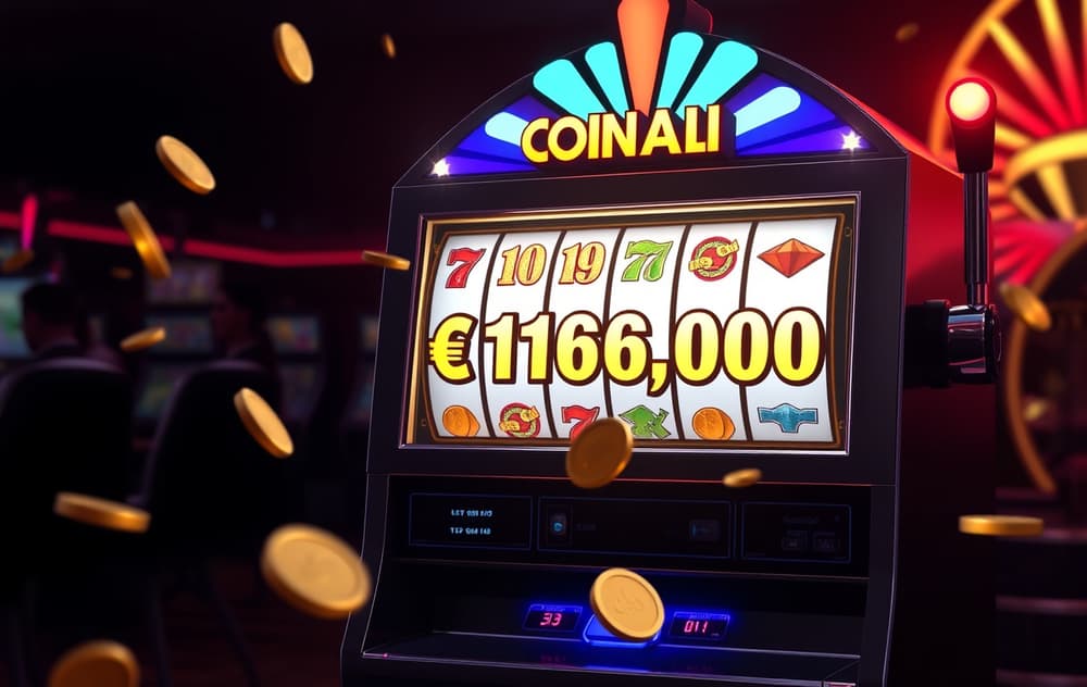 En spilleautomat med stor jackpot-display i norske kroner, gullmynter og neonlys.