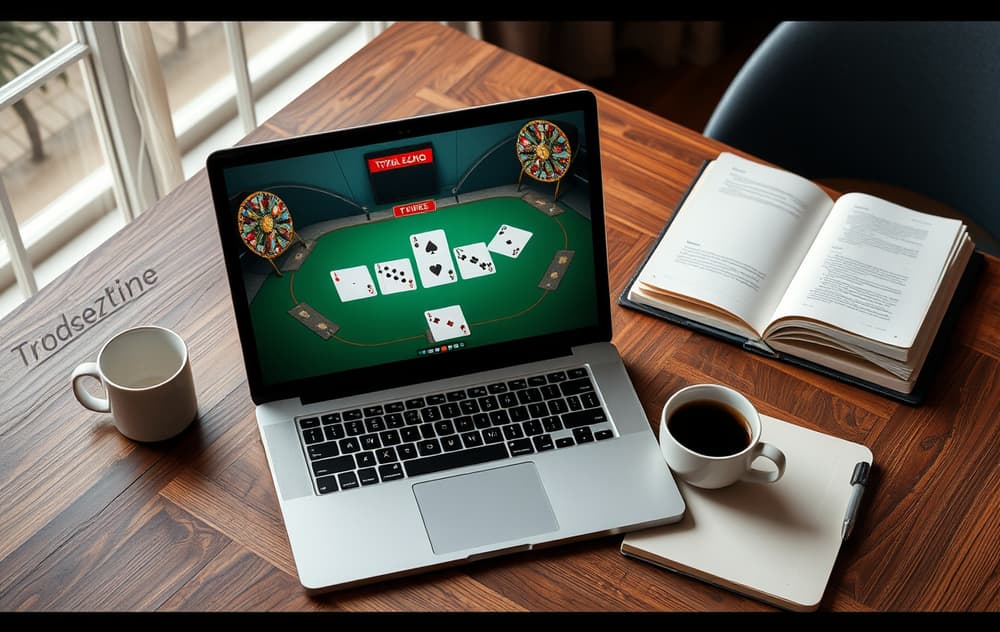 Laptop med pokerskjerm, kaffekopp og notatbok på skrivebord.
